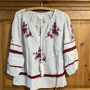 Velvet Ivory Blouse with Burgundy Embroidery